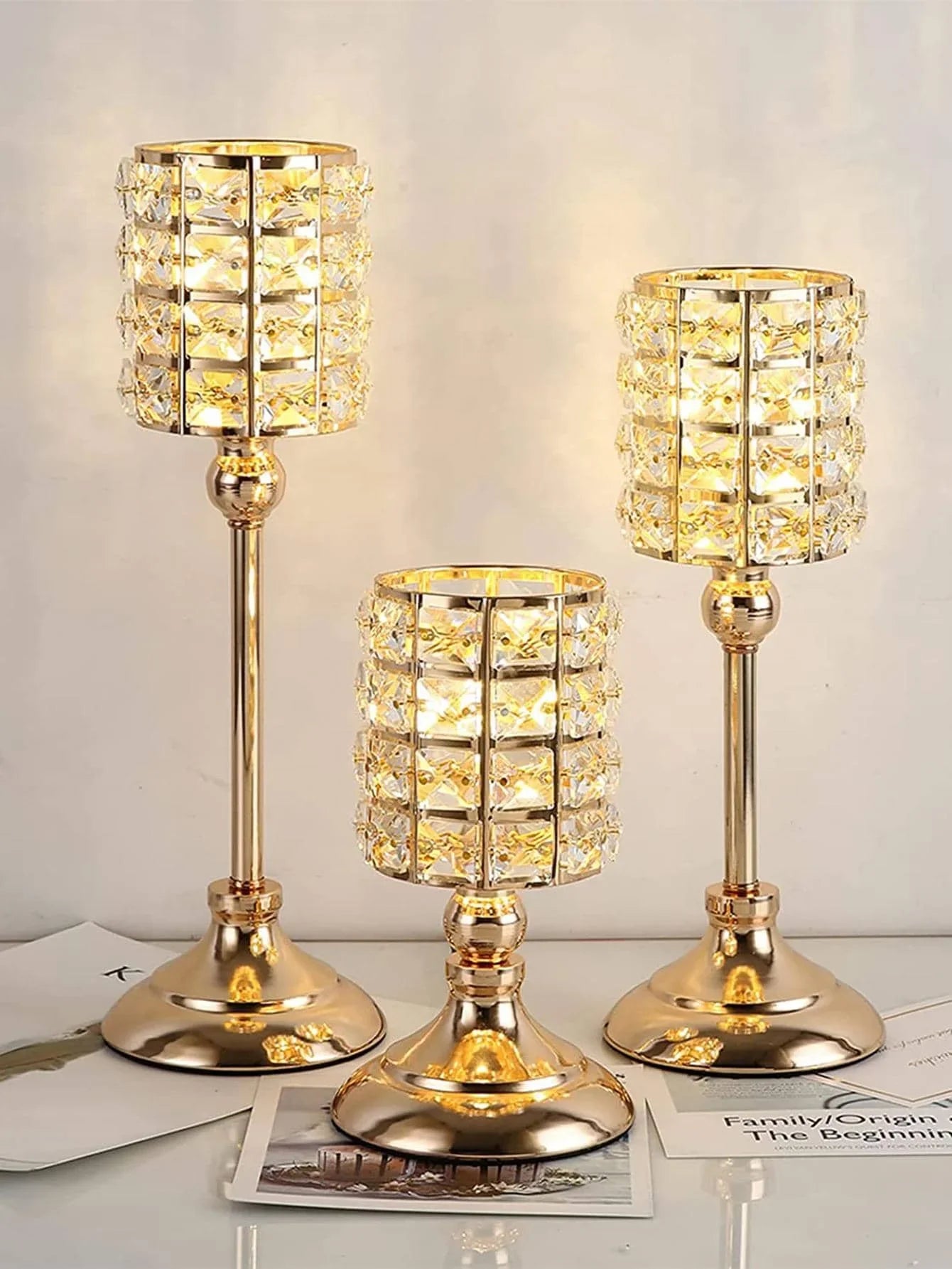 Gold Crystal Candle Holder – 1pc Tealight Candlestick Centerpiece in 3 Sizes