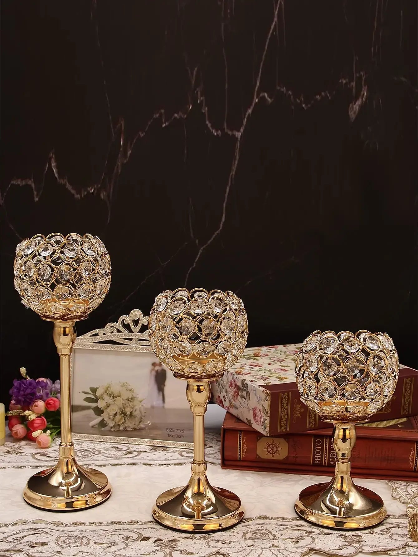 Gold Crystal Candle Holder – 1pc Tealight Candlestick Centerpiece in 3 Sizes
