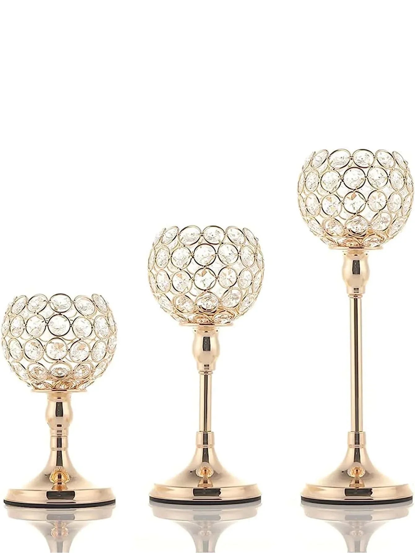 Gold Crystal Candle Holder – 1pc Tealight Candlestick Centerpiece in 3 Sizes