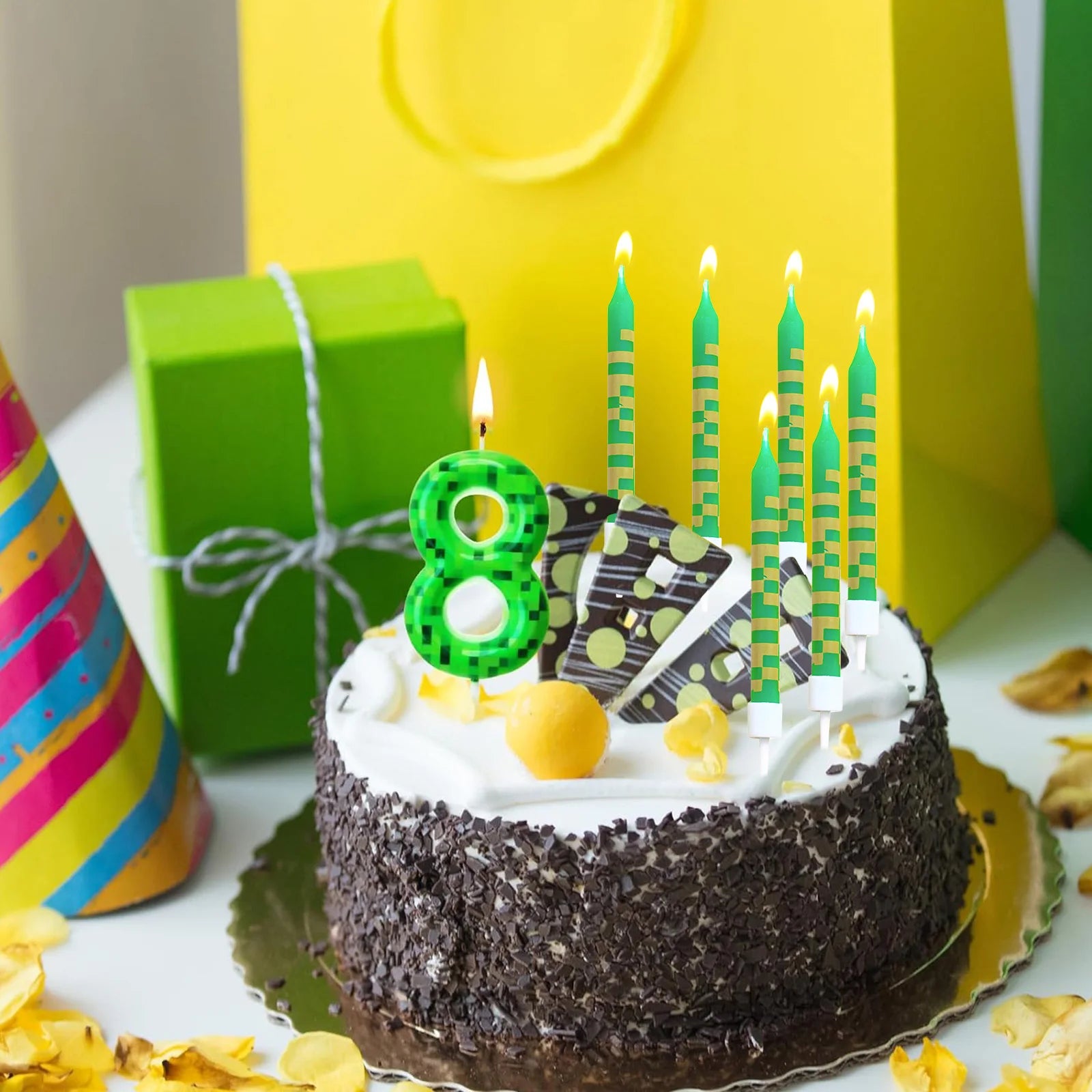 7 Pieces Digital Cake Candle Decoration Minecraft Theme Green, Wishing Candle Kids Birthday Party, Digital Cake Candle Decoratio
