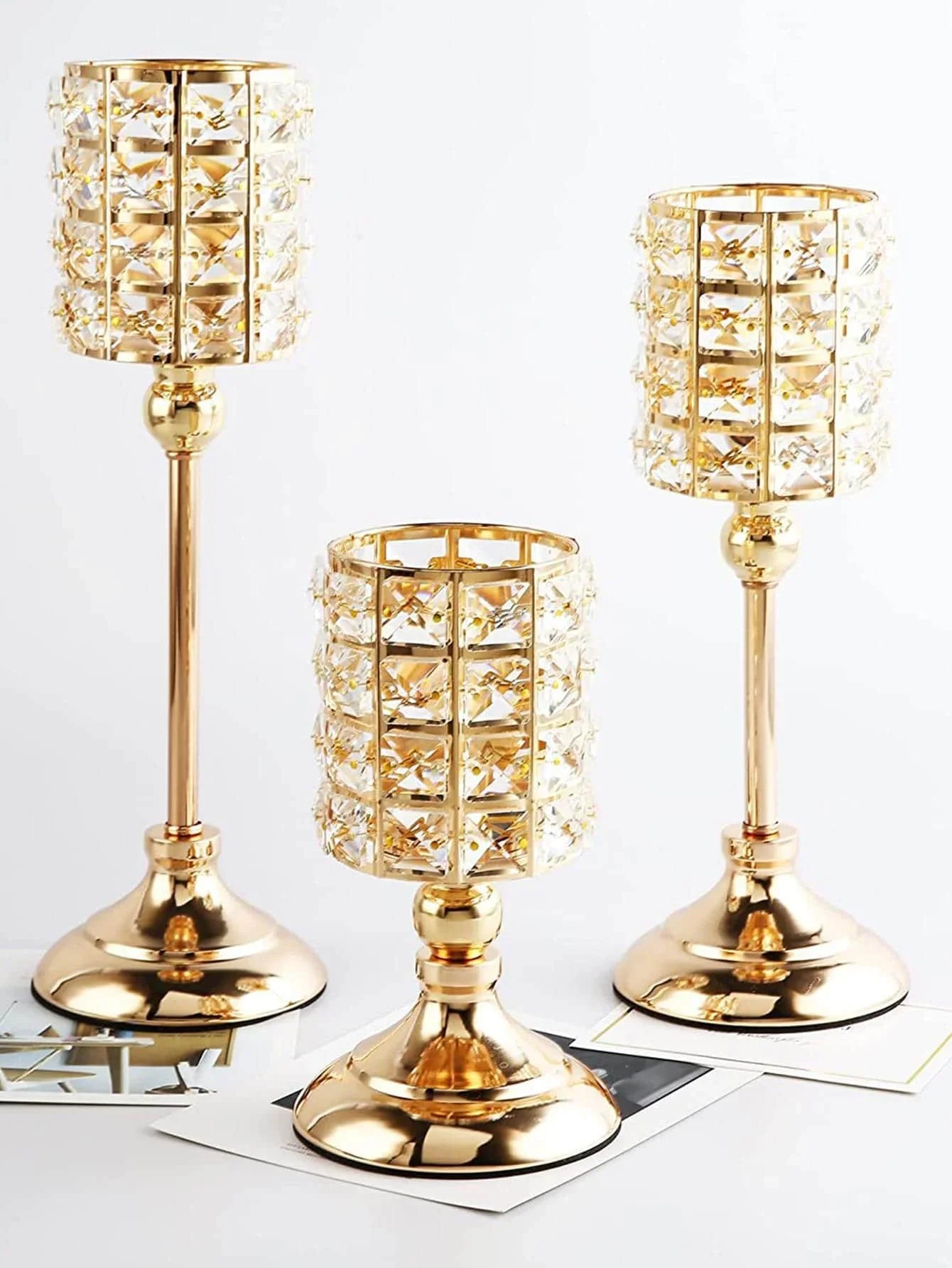 Gold Crystal Candle Holder – 1pc Tealight Candlestick Centerpiece in 3 Sizes