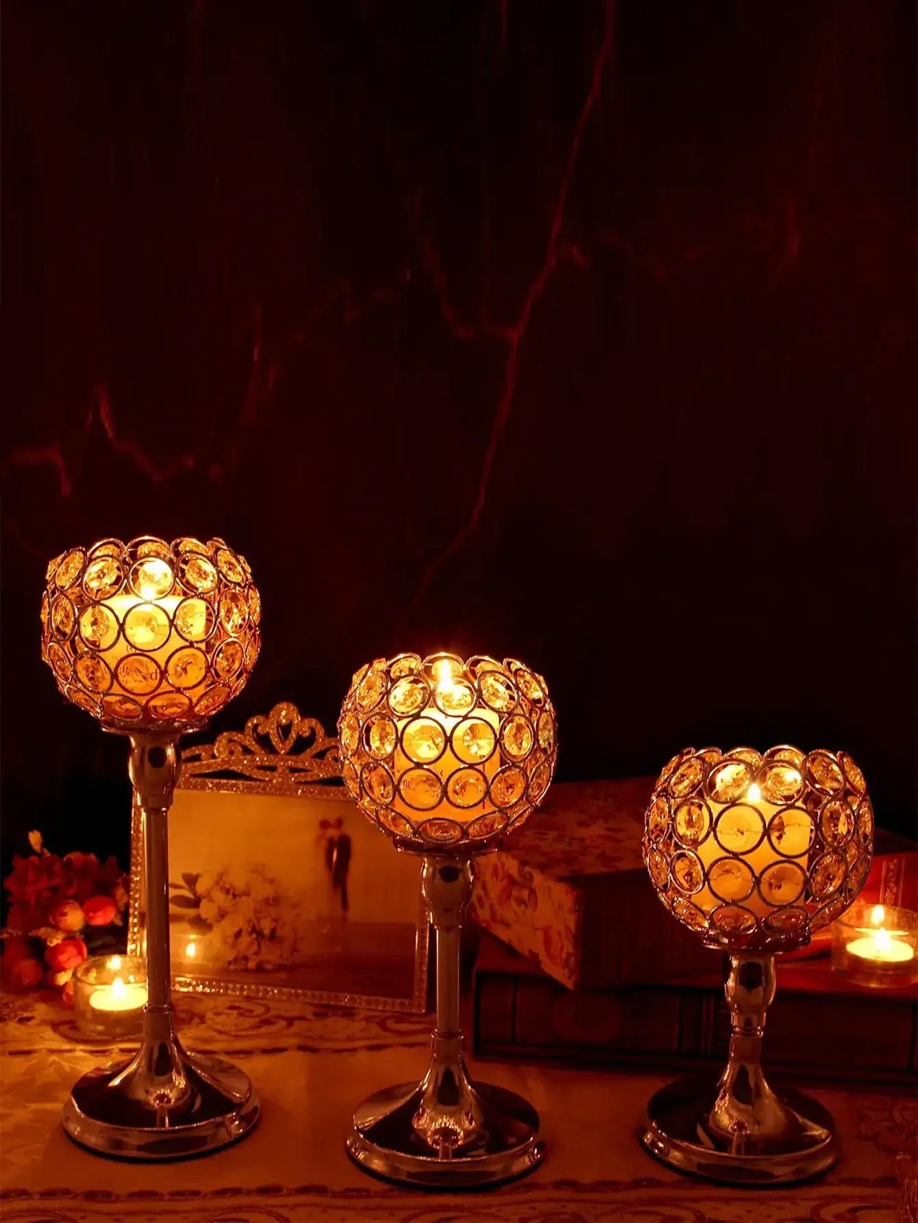 Gold Crystal Candle Holder – 1pc Tealight Candlestick Centerpiece in 3 Sizes