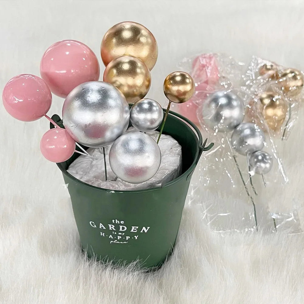 20Pcs Balls Cake Toppers Metal Silver Gold 2-4cm Different Size Colorful Balls Cake Toppers for Brithday Wedding Christmas Decor