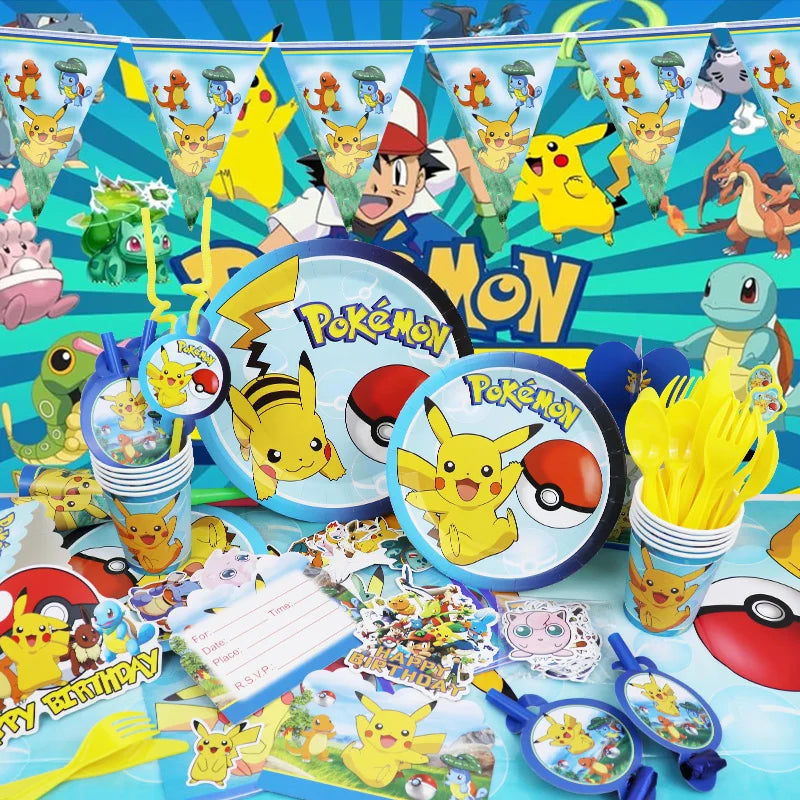 Pokemon Birthday Party Decoration Set – Pikachu Balloon, Banner &amp; Disposable Tableware for Kids