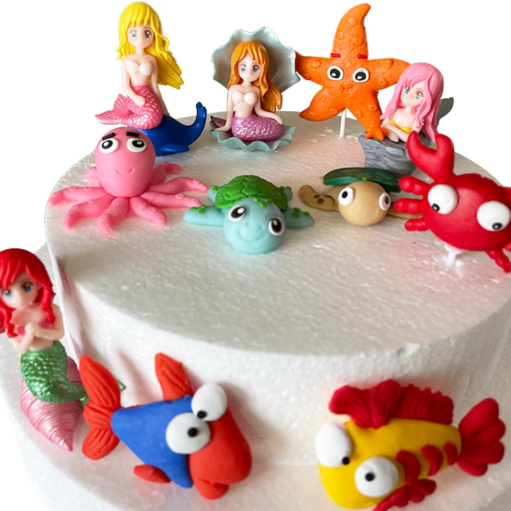 Mermaid Under The Sea Birthday Party Cake Decorations Handmade Turtle Octopus starfish crab Ocean Animals Cake Toppers Supplies