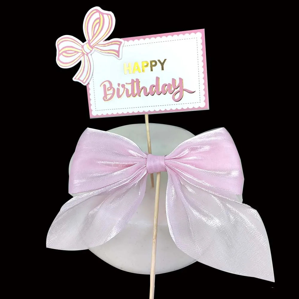 Bow Cake Topper Pink Lace Bowknot Cake Toppers Happy Birthday Cake Dessert Picks Decors For Baby Shower Birthday Wedding Decors