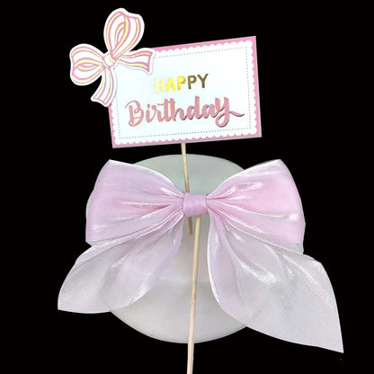 Bow Cake Topper Pink Lace Bowknot Cake Toppers Happy Birthday Cake Dessert Picks Decors For Baby Shower Birthday Wedding Decors