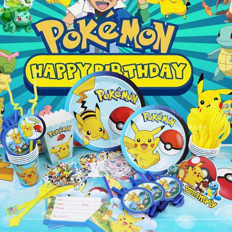 Pokemon Birthday Party Decoration Set – Pikachu Balloon, Banner &amp; Disposable Tableware for Kids
