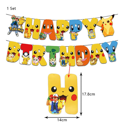 Pokemon Birthday Party Decoration Set – Pikachu Balloon, Banner &amp; Disposable Tableware for Kids