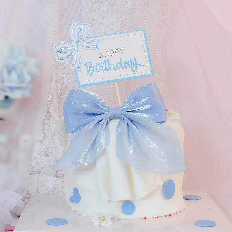 Bow Cake Topper Pink Lace Bowknot Cake Toppers Happy Birthday Cake Dessert Picks Decors For Baby Shower Birthday Wedding Decors