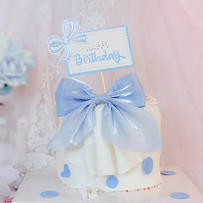 Bow Cake Topper Pink Lace Bowknot Cake Toppers Happy Birthday Cake Dessert Picks Decors For Baby Shower Birthday Wedding Decors