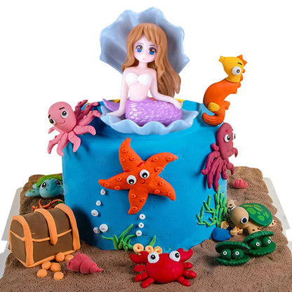 Mermaid Under The Sea Birthday Party Cake Decorations Handmade Turtle Octopus starfish crab Ocean Animals Cake Toppers Supplies