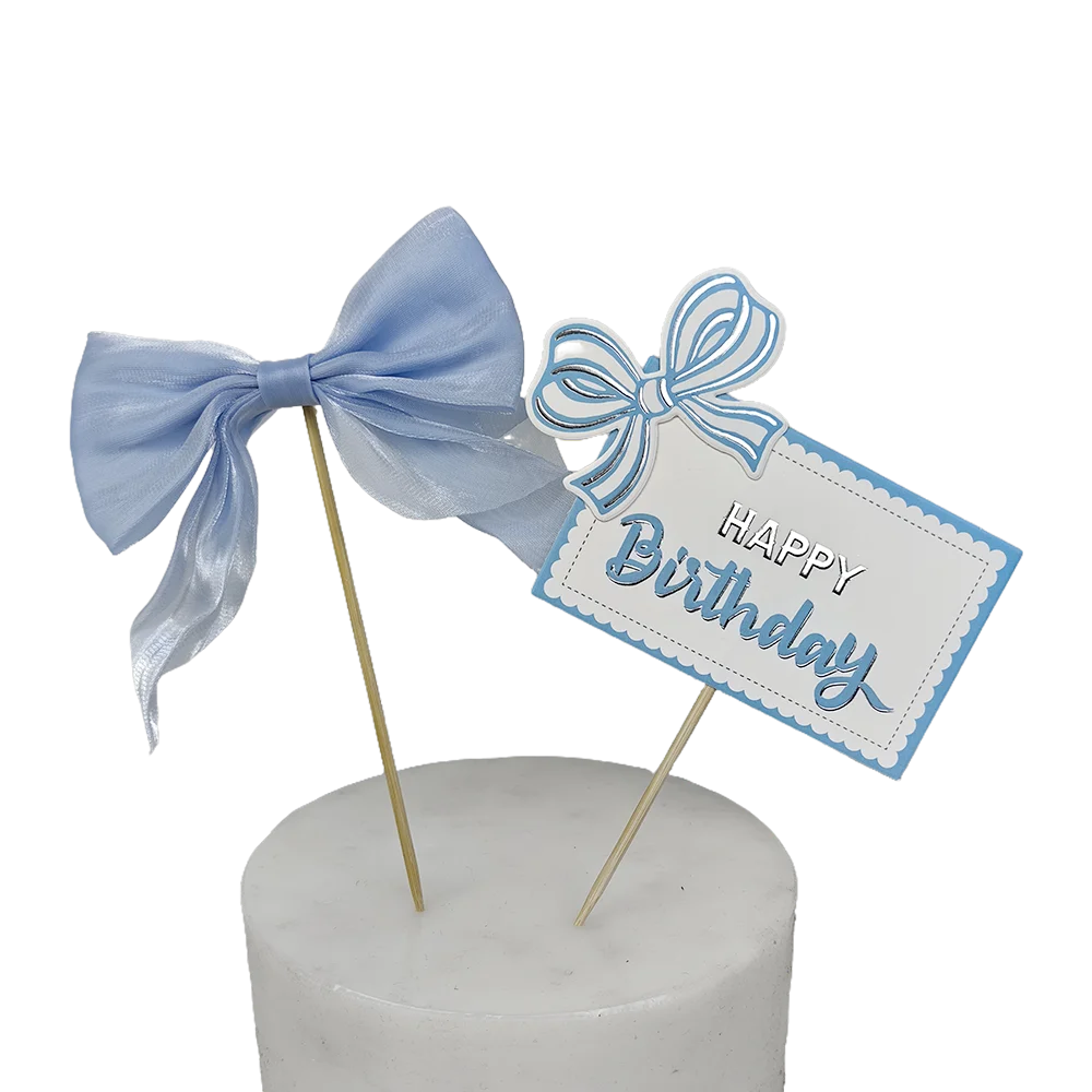 Bow Cake Topper Pink Lace Bowknot Cake Toppers Happy Birthday Cake Dessert Picks Decors For Baby Shower Birthday Wedding Decors
