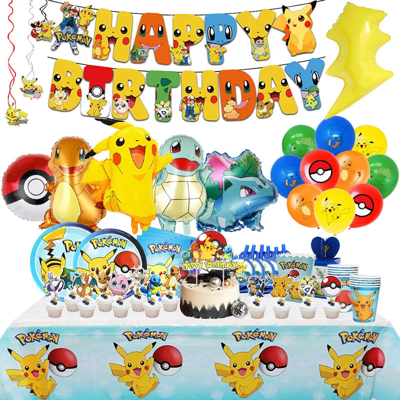 Pokemon Birthday Party Decoration Set – Pikachu Balloon, Banner &amp; Disposable Tableware for Kids